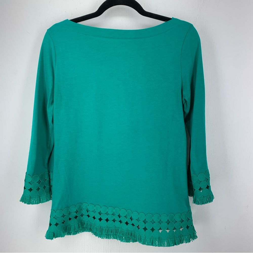 Talbots XS Tunic Top Boat Neck Green Pima Cotton Embroidered Medallion Fringe - Picture 11 of 12